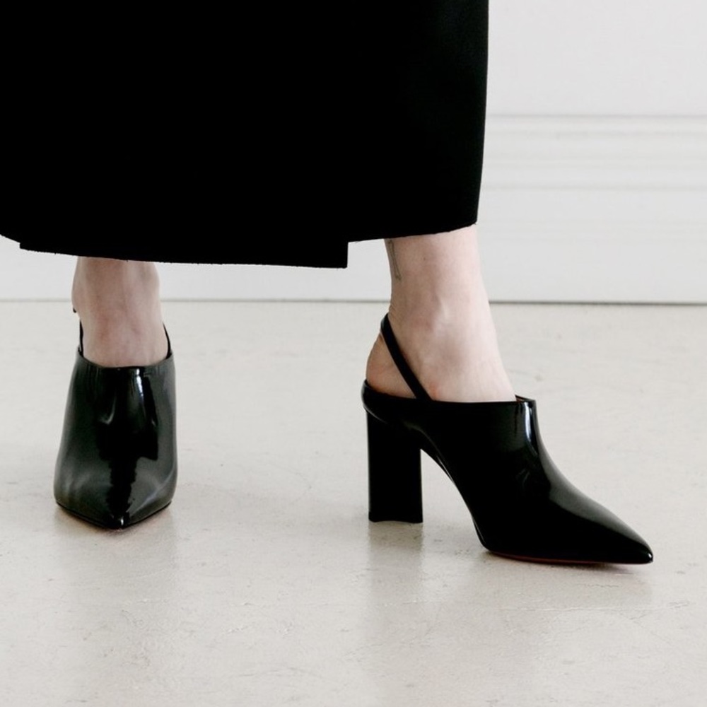 ROBERT CLERGERIE Kyra Spazzolato Slingback Patent Leather Mule Heels in Black